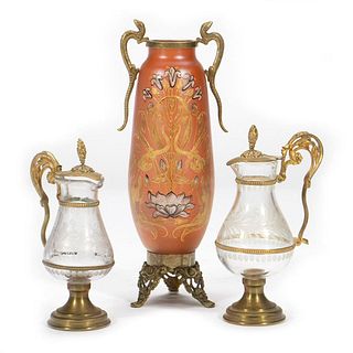 Pair of Gilt-metal and Etched Glass Pitchers, with a Pink Glass Vase