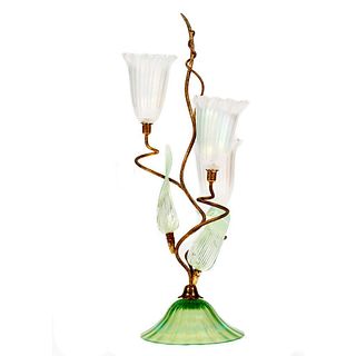 Gilt Metal and Iridescent Glass Lilies Candleholder