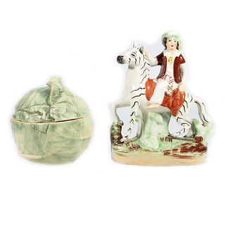English Staffordshire Pottery Figure, with a Novelty Jar