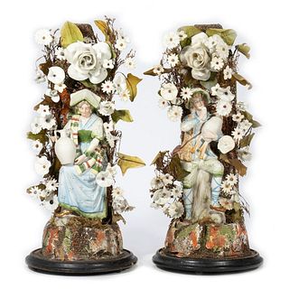 Pair Victorian Floral and Figural Porcelain Arrangements