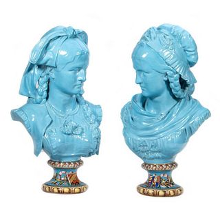 Pair Blue Porcelain Busts of Women
