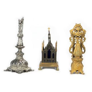 Gothic Candle Holder, Candlestick, and Gilt Niche