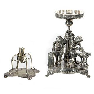 Neoclassical Silverplated Centerpiece, and a Candlestick