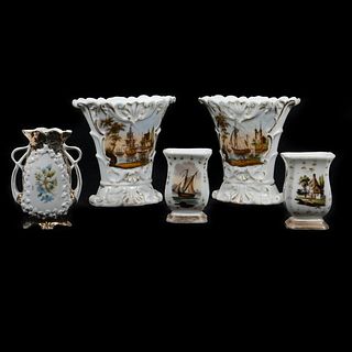 Group of 5 Gilt Porcelain Vases, incl. with Ship Decoration