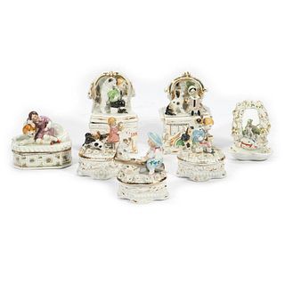 Group of 7 Porcelain Trinket Boxes with Children and Animals