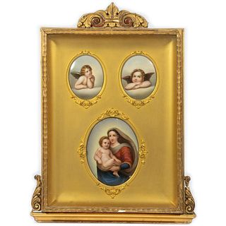 Three Porcelain Putti and Madonna Miniatures in Gilt Frame