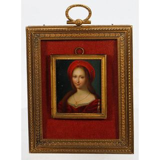 Gilt-framed Portrait Miniature of a Renaissance Style Woman
