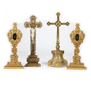 Giltwood and Porcelain Crucifix, a Brass Cross, and two Reliquaries