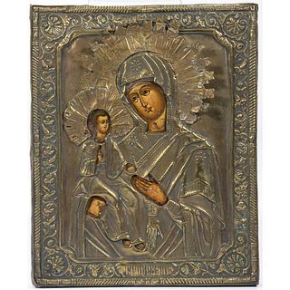 Copper Oklad Painted Icon of Madonna