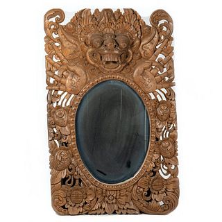 Tibetan Style Carved Wood Mirror Frame