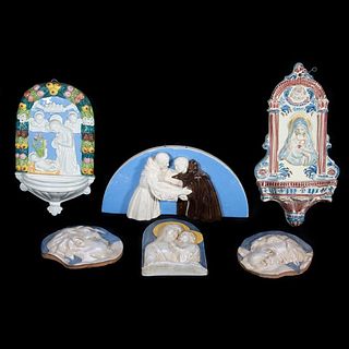 6 Italian Ceramic Plaques, incl. Friars, Cherubs, the Virgin