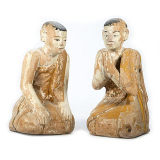 Pair of Carved Wood Monks in Saffron Robes