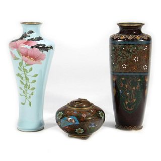 Chinese Cloisonne Enamel Vase and Incense Burner, and another Enamel Vase