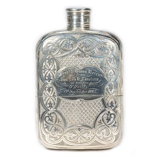 19th Century Embossed Silver Flask with Removable Cup
