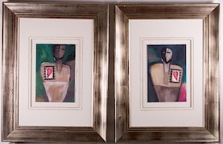 Modernist Mixed Media Works, Pair