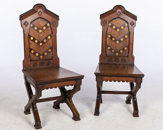 Pair of Gothic Revival Oak Hall Chairs, 19th C