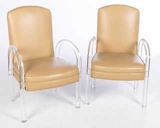 Pair Modern Lucite & Faux Leather Armchairs, 20th C