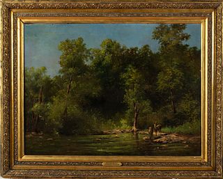 Style of Hermann Herzog, Deer Along a River, Oil