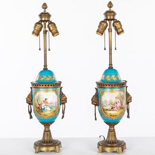 Pair of French Turquoise Urn-Form Lamps