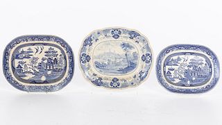 3 English Blue and White Platters, 19th Century