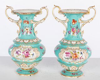 Pair of European Turquoise and Floral Vases, 19th C