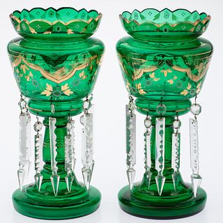 Pair of Green Glass Lusters with Pendant Drops, 19th C
