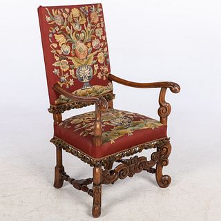 Jacobean Style Crewelwork Upholstered Open Armchair