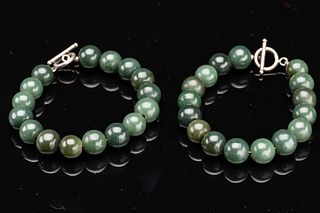 2 Green Jade Bracelets with Sterling Silver Clasp