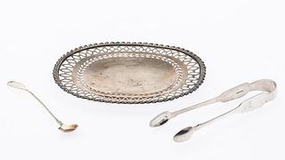 Tiffany Dish, Irish Silver Tongs & Coin Silver Spoon