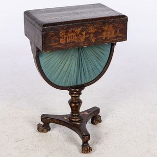 Chinese Export Black Lacquer Sewing Box on Stand, 19th C