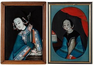 Two Chinese Eglomise Paintings of Women