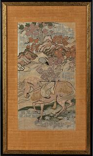 Chinese Framed Silk Fabric of Figure on Horse
