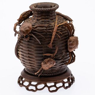 Japanese Carved Wood Vase Decorated with Crabs