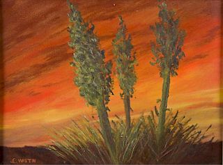 J.E. Westen "Sunset & Yucca Bloom" Oil on Board