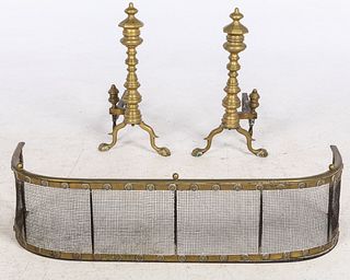 Pair of English Brass Andirons and a Fender, 19th C