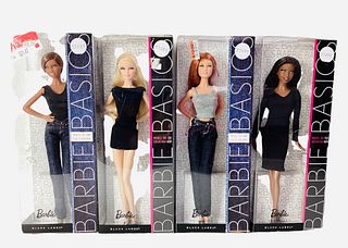 (4) boxed Barbies from the Barbie Basics Collection that are all NRFB and MIB boxes. They are also Black Label Barbies. Model 01 has a Problem with th