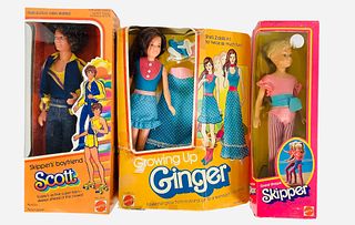 (1) Skipper doll and (1) Ginger doll & (Skipper's boyfriend). 1st is Growing Up Ginger wearing a blue gingham dress&accessories. Her arm turns so she 
