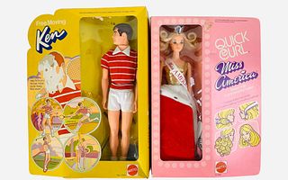(2) Barbie friends including Free Moving Ken and Quick Curl Miss America all in original boxes. Miss America has many hair accessories that come with 