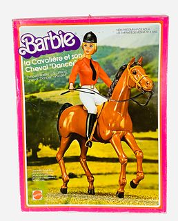 Equestrienne Barbie and her horse Dancer, a foreign set from 1977 that comes in original box.. Dancer comes complete with his saddle and all that goes