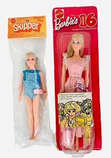 (2) dolls including Barbie's Sweet 16&Pose & Play bagged Skipper. Both dolls have their tags on their wrists. (1) Sweet Sixteen Barbie has makeup and 