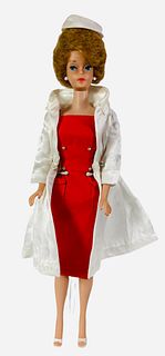 1962/63 Ash Blonde Bubblecut Barbie. Wears #986 "Sheath Sensation" and coat and pillbox hat to #1607 "White Magic", shoes are replacements. Hair is fu