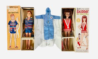 (1) Boxed Skipper & (1) Boxed Ricky. (1) Skipper has brown hair and in her bathing suit. She needs a cleaning but otherwise nice condition. Comes with