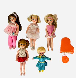 (4) Tutti dolls including (1) Buffy & Mrs. Beasley in great shape. (1) Brunette Tutti wearing Pinky PJ.s ( cannot tie or fasten back of shirt) (1) Tut