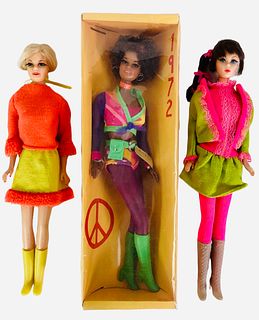 (3) Beautiful Barbie and Friend, Stacey. Starting with the boxed Stacey, she was made to be AA and is a new wearing homemade outfit & a groovy pose in