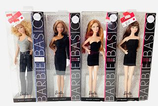(4) Boxed Barbie Basics dolls that model black dresses & jeans. Model 3 coll.1 has a tear in the bottom of the plastic and same for Model 7 collection