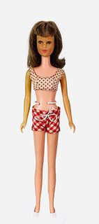 Pretty Brunette Francie in her 2 piece red/white gingham bathing suit and accessories in her original box. She has white shoes, purse and arm tag. Fac