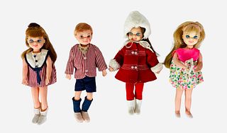 (4) Barbie's adorable Tutti & Todd & friend. (1) is a blond Tutti wearing a floral skirt & hot pink top and a matching pink headband & white shoes.(1)