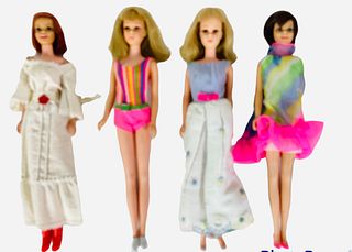 (4) Barbie friends including (1) Blond haired Francie with no issues that I can see. Wearing First Formal with white shoes and missing the cape for he