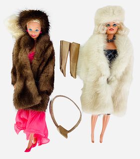 (2) Barbie dolls wearing real fur coats (1) a beautiful Barbie made up to look like Marilyn Monroe with a beautiful non-Mattel dress and a knee length
