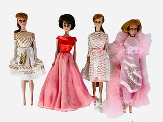 (4) vintage Barbies including (1)a Beautiful swirl ponytail red hair. Her dress is Garden Wedding with 'pearl' necklace and 'pearl' earrings.(1) Brune